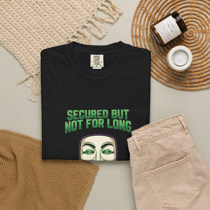 Hacker Guy Fawkes T-Shirt – "Secured But Not For Long" Cybersecurity Tee