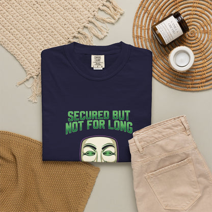 Hacker Guy Fawkes T-Shirt – "Secured But Not For Long" Cybersecurity Tee