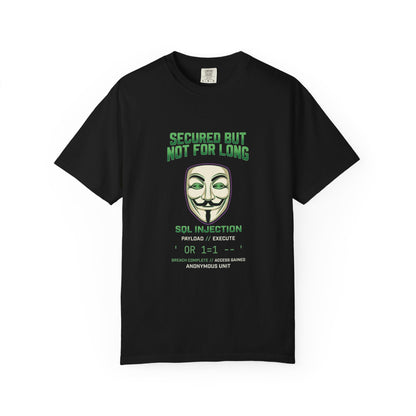 Hacker Guy Fawkes T-Shirt – "Secured But Not For Long" Cybersecurity Tee